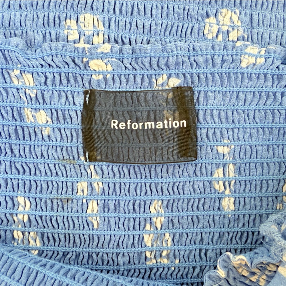 Reformation Blue and Cream Smocked Mini Dress